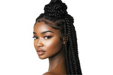 Close-up portrait of a black African woman with curly long braids in a high bun on isolated transparent background. Her dark hair contrasts with the vibrant green braid and neutral expression.