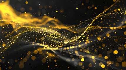 Wall Mural - A mesmerizing abstract background featuring waves of golden particles flowing across a dark, shadowed backdrop. Soft, glowing dots and dust-like specks