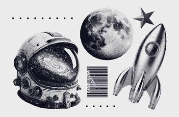 galaxy elements set, retro photocopy stipple effect style, halftone design, astronaut helmet, moon, 