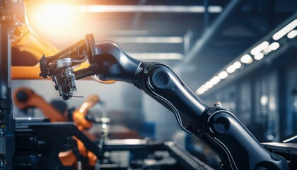 Artificial intelligence and advance robotic system with robotic arms to manufacture vehicles and cars; high tech robotic arms facilitation manufacturing and production in a smart factory assembly