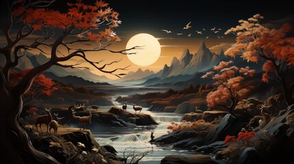 Wall Mural - modern dark blue wallpaper with a golden forest motif, including trees, deer, and mountains for a se