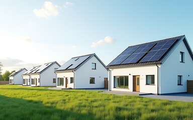 A row of modern townhouses with gray roofs and white walls, The focus is on one house clean architecture, white trim, dormer windows, eco-friendly neighborhood, solar panels on ro