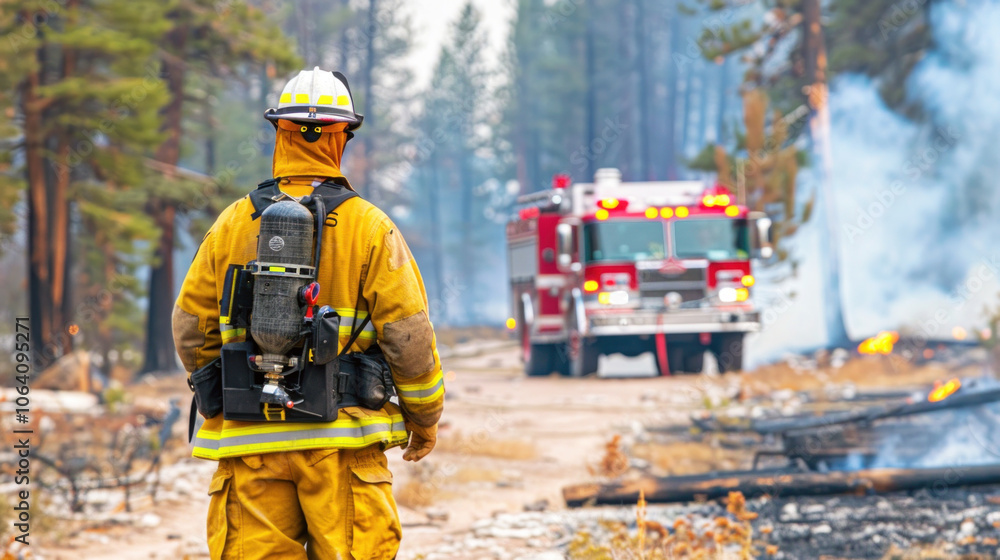 firefighter assessing a smoldering landscape after the wildfire has ...