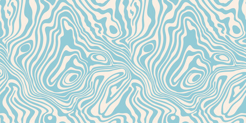 Vector seamless pattern with fluid shapes, liquid lines. Abstract blue and beige marble ink texture. Funky groovy background with waves, melting surface. Trending design in retro 1960s - 1970s style