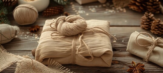 Wall Mural - Eco-Friendly Gift Wrapping in Hemp Fabric with Jute Ribbon for Sustainable Holiday Celebrations