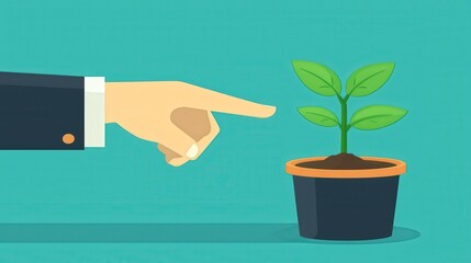 A hand points to a young plant symbolizing growth and potential in flat design style