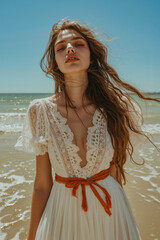 A woman with long hair and a white dress with orange straps stands on a beach, looking up at the sky