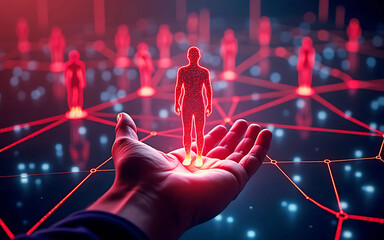 Businessman touching a social network and human icon on a virtual screen, Futuristic network visualization, glowing human silhouettes connected by red lines, digital interface