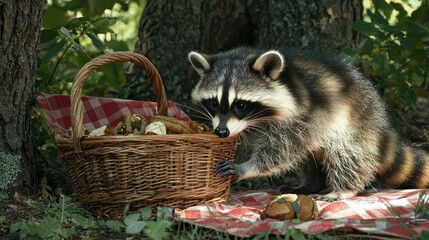 A mischievous raccoon rummaging through a picnic basket