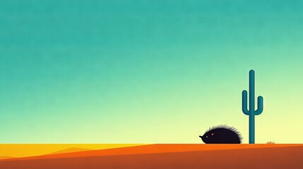   A picture of a desert landscape featuring a tall cactus and an adorable hedgehog in the foreground, set against a vast expanse of deep blue sky in the backdrop