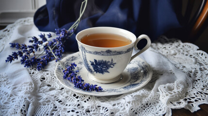 A warm mug of earl grey tea with a hint of lavender, set on a lace doily