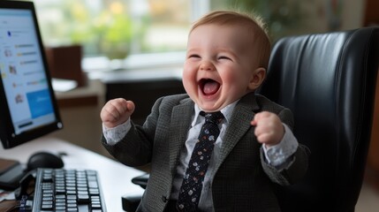 A delightful baby dressed in a smart suit joyfully laughing while sitting at an office desk, expressing pure happiness and playfulness in a professional setting.