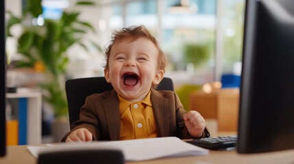 A smiling baby in a stylish blazer enjoys the day at the office workspace, blending professional aesthetics with the joyous, carefree spirit of childhood.