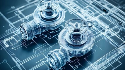Industrial pipe, valve and hand wheel in a 3d wireframe projection. Industrial blueprint concept.
