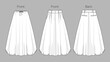 © Yulish - Vector midi bubble hem skirt fashion CAD, balloon woman skirt with waistband and welt pockets detail sketch, template, flat, technical drawing. Woven fabric 2 pcs set of skirt with front, back view