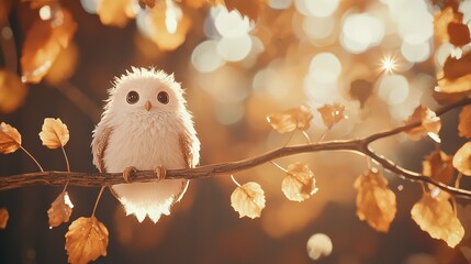 Sticker -   A tiny owl perched on a tree leaf, surrounded by soft light