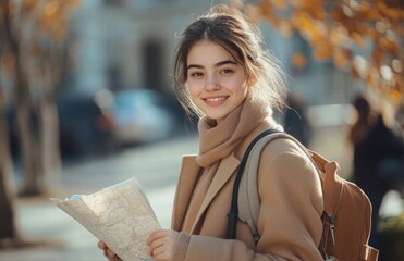 Smiling young woman in beige coat with backpack holding map outdoors