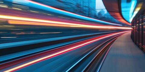 Fototapete - Futuristic Tunnel with Neon Light Trails and Motion Blur