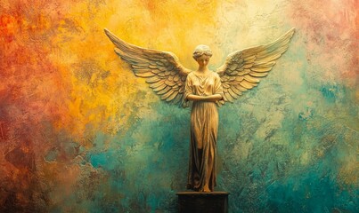 A serene adult angel figure adorned with glowing wings stands at the center, exuding a sense of calmness against a vibrant backdrop, embodying tranquility and grace