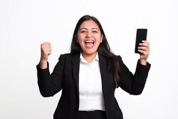 Wall Mural - Happy young Hispanic business woman winner isolated on white background using smartphone celebrating online win success getting new good job opportunity with mobile cell phone.