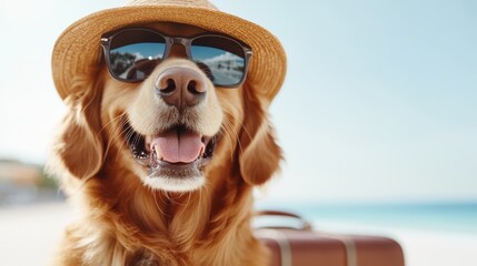 A sunny golden retriever at the beach accessorized with a hat and sunglasses, reflecting a carefree, joyful mood. Perfect for travel and outdoor lifestyle themes.