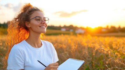 A joyful woman stands with a notepad in a field during sunset, representing harmony with nature and embracing creativity in an inspiring outdoor environment.