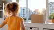 © Pinklife - A young child in an orange shirt gazes at the sunset through a window, casting a warm glow in a kitchen setting, with a sense of wonder and anticipation.