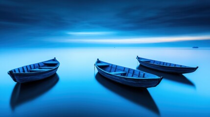 Poster - Three wooden boats float serenely on a calm, blue-hued lake under a cloudy sky, AI