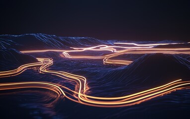 Wall Mural - illuminated winding paths through a dark landscape showcasing dynamic movement and vibrant trails at