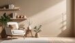 © l1gend - Beige home living room interior with armchair and shelf, mockup wall