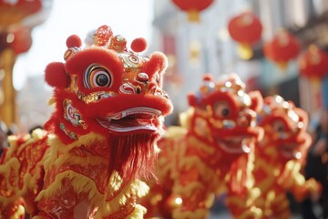 Wall Mural - Colorful lion dance performers celebrate during a cultural festival in a vibrant street adorned with lanterns