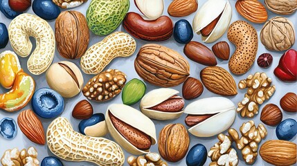 Wall Mural -  nuts and shells on white surface with blue, green, red, yellow, orange