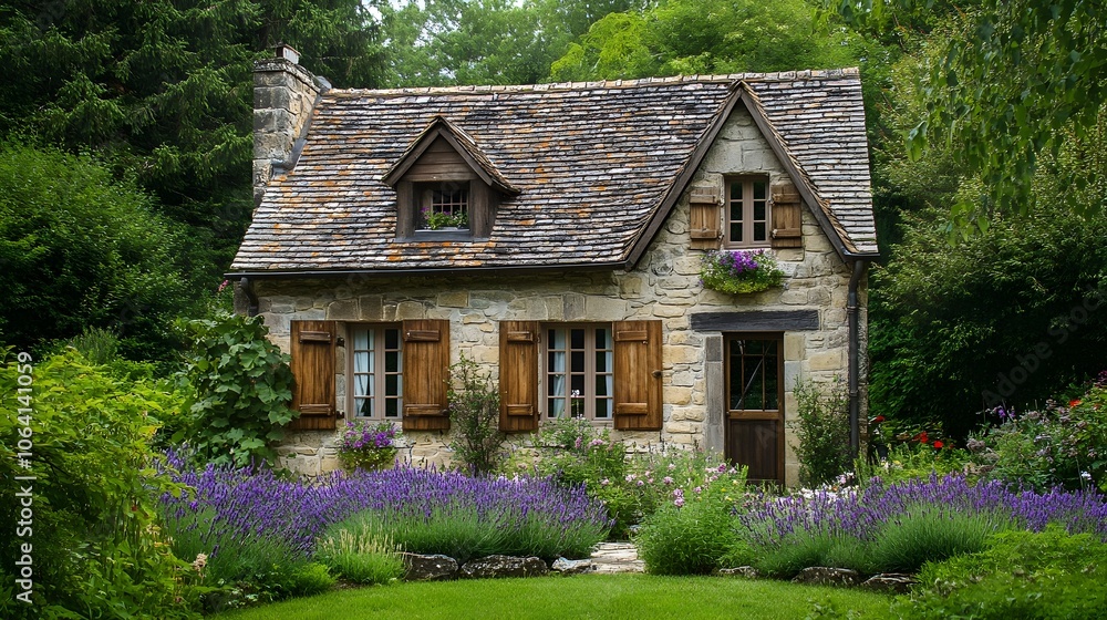 A charming French country cottage with rustic stone walls, wooden ...