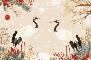 Naklejka na meble Chinoiserie Christmas card with delicate patterns, cranes, and traditional motifs, minimal background with copy space