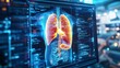 © emaotx - Digital Medical Display Featuring A Detailed 3D Rendering Of Human Lungs And Surrounding Organs, Accompanied By Data And Analysis On A Futuristic Interface, Showcasing Advanced Medical Visualization.