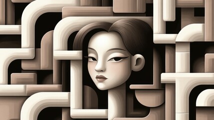 Abstract portrait of woman amidst geometric maze in neutral tones