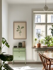 Canvas Print - A green picture frame on a white wall in a Scandinavian-style room, surrounded by wooden furniture and plants with natural light. 