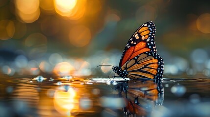 Canvas Print - A Monarch butterfly perched on a water surface with a bokeh background and its reflection visible.