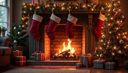 Cozy end-of-year celebration scene with festive decorations, warm fireplace, and New Year's stockings