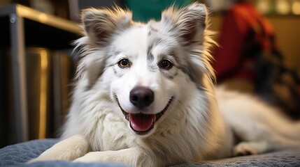 Poster - A white dog with brown eyes and a black nose is lying on a bed. The dog is looking at the camera with its mouth open and tongue sticking out.