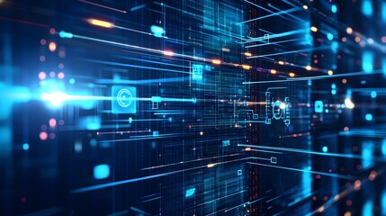 Abstract Digital Network Data Server With Blue And Orange Lights