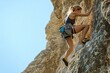 © Oleh - Young woman climber is ascending a challenging rock face in bright sunlight, demonstrating strength, skill, and determination in extreme sports
