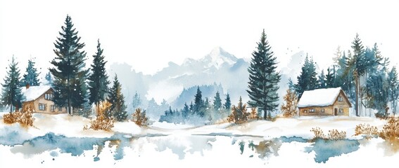 Wall Mural - watercolor winter landscape with pine trees and houses, illustration, flat design, on a white backgr