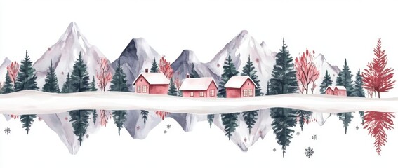 Wall Mural - winter landscape with trees, houses, and mountains in a watercolor style white background, green col
