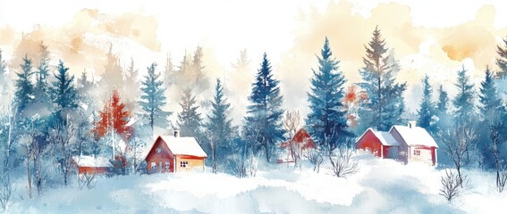 Wall Mural - watercolor winter landscape with pine trees and houses, illustration, flat design, on a white backgr