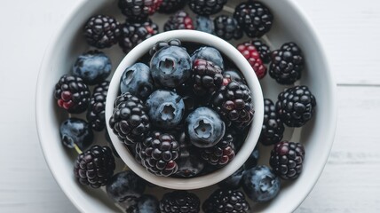 Top View of Bowl Filled with Fresh Ripe Blackberries on Plain Surface