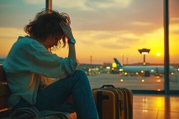 traveler sitting on airport bench, looking pensive at sunset, with suitcase nearby. scene captures moment of reflection and anticipation