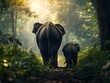 © BAYC - Family of elephants wandering through the jungle, a group of elephants, including a baby, wandering through lush green vegetation in the jungle as the sun shines through the leaves.