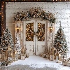 Christmas photography backdrop with vintage gold doors, white brick wall, gold Christmas decorations, whimsical trees, lanterns, wreaths, a snowy scene, twinkling lights and festive accessories.