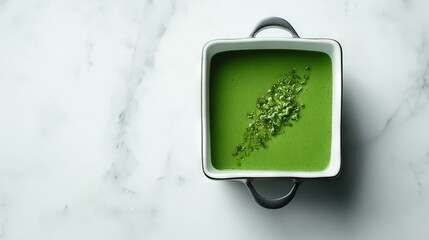  A bowl of green liquid sits on a marble surface with a leafy green substance in its center